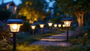 A photograph of a beautifully lit outdoor scene showcasing an array of solar lights with battery backup illuminating a garden or pathway at dusk
