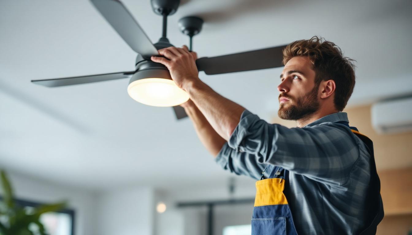 A photograph of a skilled lighting contractor installing or adjusting a stylish ceiling fan in a modern living space