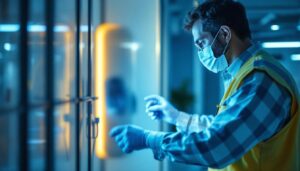A photograph of a professional lighting contractor inspecting an ultraviolet room sanitizer in action