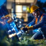 A photograph of a lighting contractor installing job lot solar lights in a residential or commercial outdoor setting