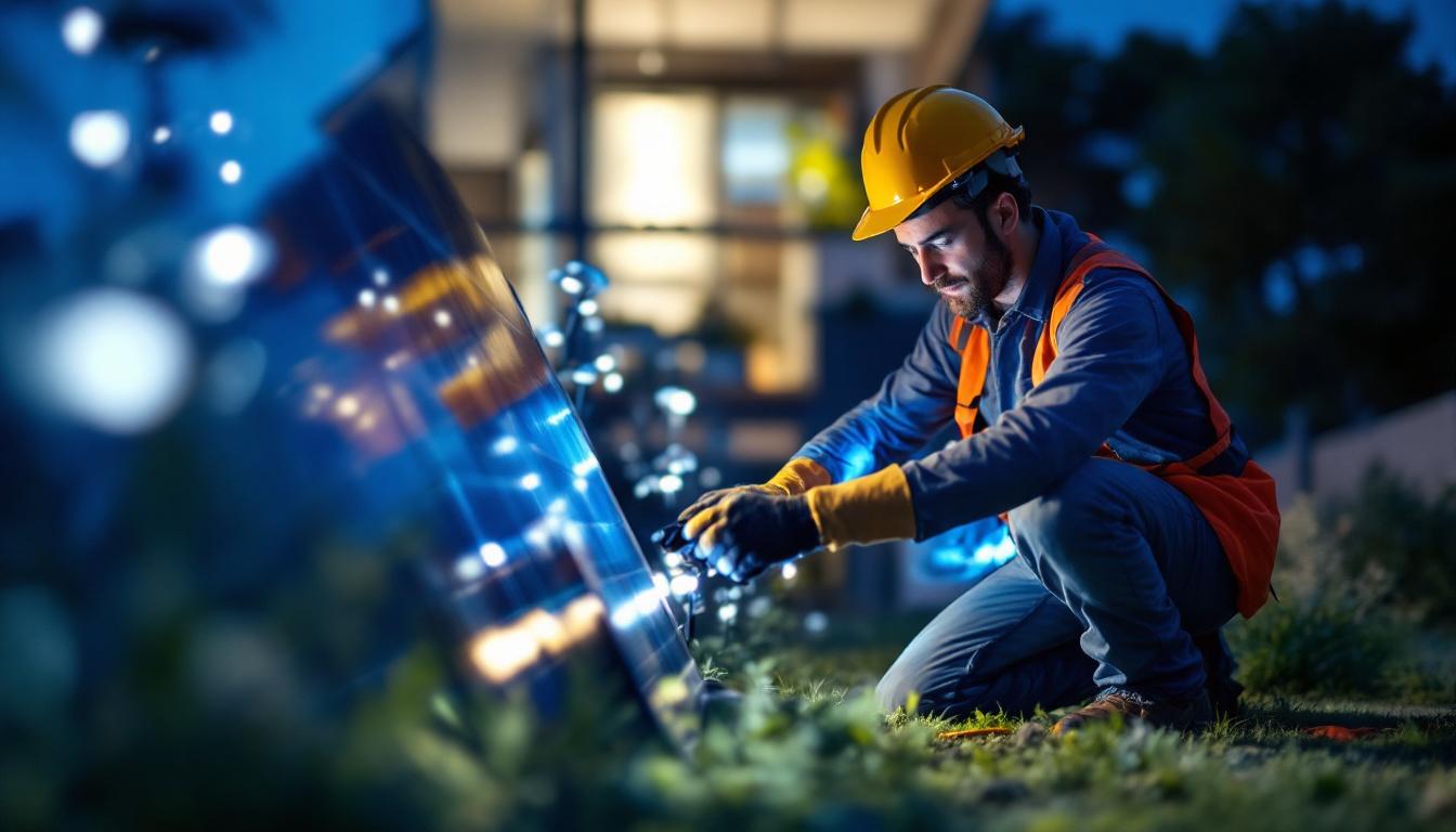 A photograph of a lighting contractor installing job lot solar lights in a residential or commercial outdoor setting
