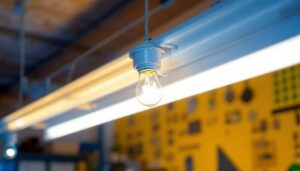 A photograph of capture a photograph of a t12 fluorescent fixture with a t8 bulb installed