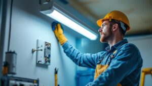 A photograph of a skilled lighting contractor in the process of safely replacing a fluorescent light fixture with a stylish regular light fixture
