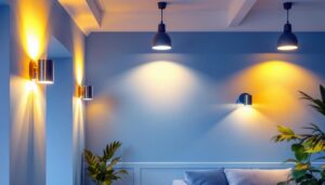 A photograph of a beautifully lit interior space showcasing both wall lights and ceiling lights in harmony