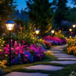 A photograph of a beautifully illuminated garden at dusk featuring large solar lights strategically placed among vibrant flowers and greenery