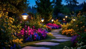 A photograph of a beautifully illuminated garden at dusk featuring large solar lights strategically placed among vibrant flowers and greenery