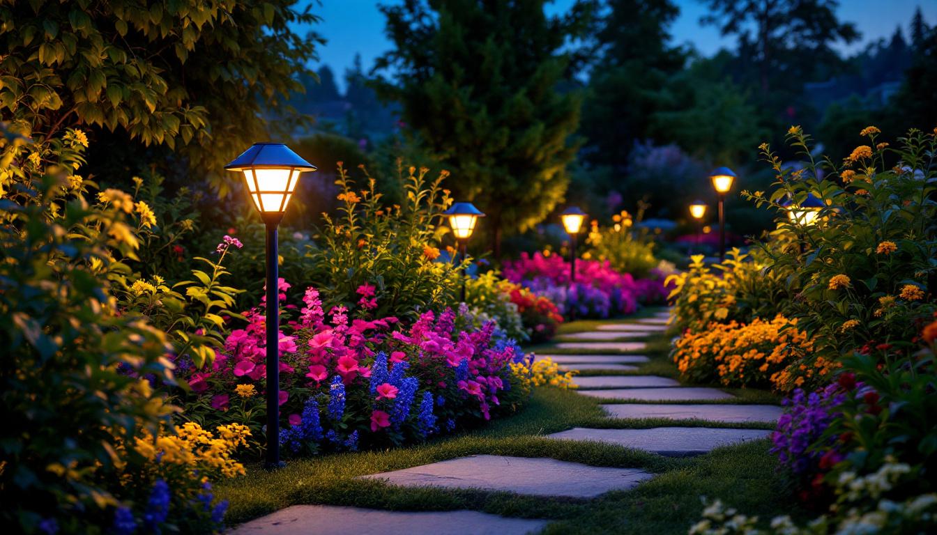 A photograph of a beautifully illuminated garden at dusk featuring large solar lights strategically placed among vibrant flowers and greenery
