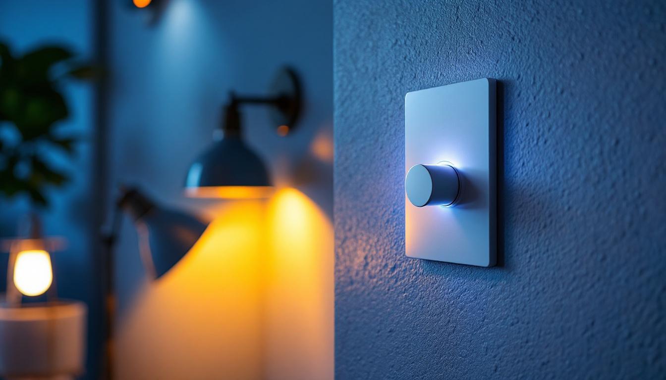 A photograph of a modern lighting installation featuring a 0-10v dimmer switch in action