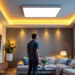 A photograph of a well-lit modern living space featuring stylish led panel lights installed in the ceiling