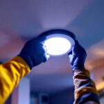 A photograph of a lighting contractor installing a 3-inch led recessed light in a modern home setting