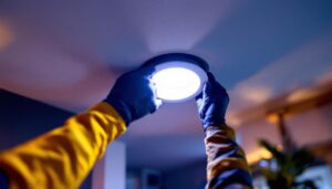 A photograph of a lighting contractor installing a 3-inch led recessed light in a modern home setting