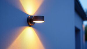 A photograph of a beautifully designed up-down outdoor wall light installed on a stylish exterior wall