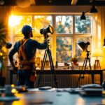 A photograph of a lighting contractor expertly installing or adjusting various types of lighting fixtures in a well-lit study or office space