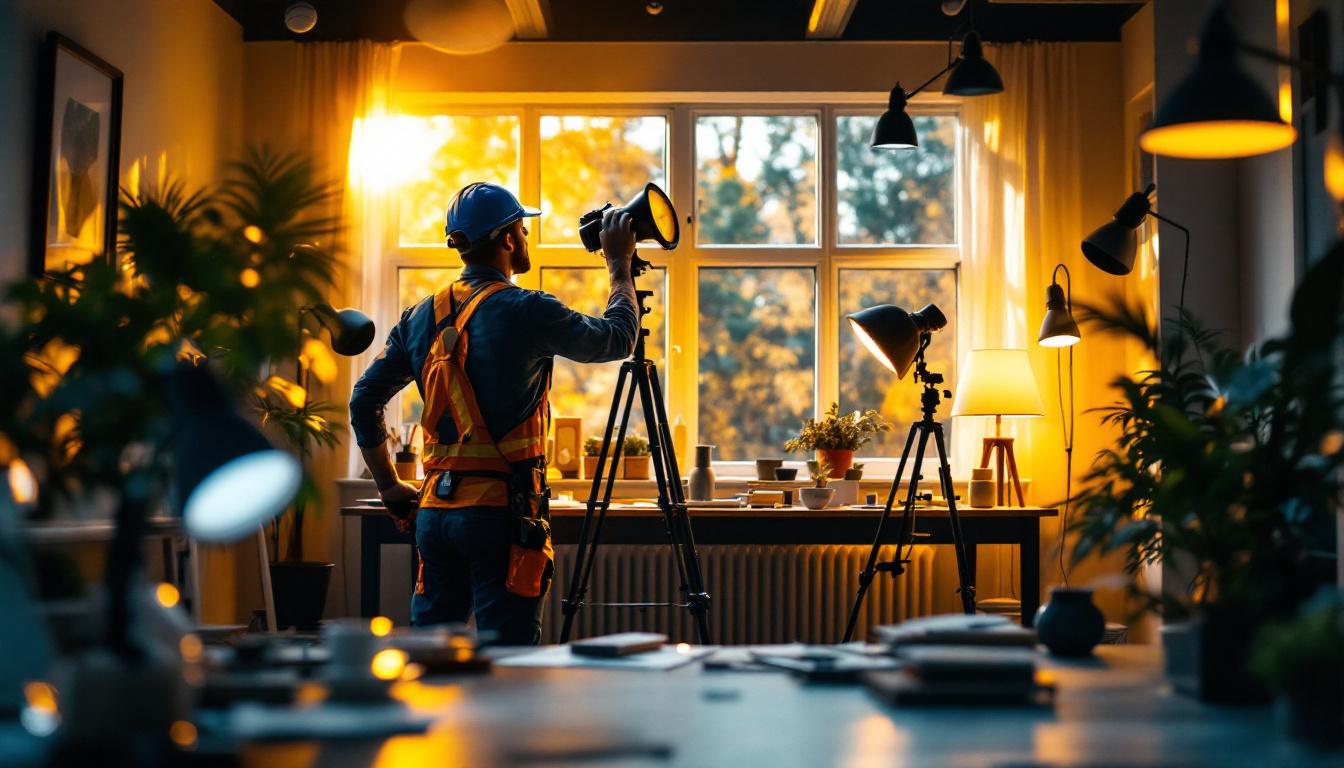A photograph of a lighting contractor expertly installing or adjusting various types of lighting fixtures in a well-lit study or office space