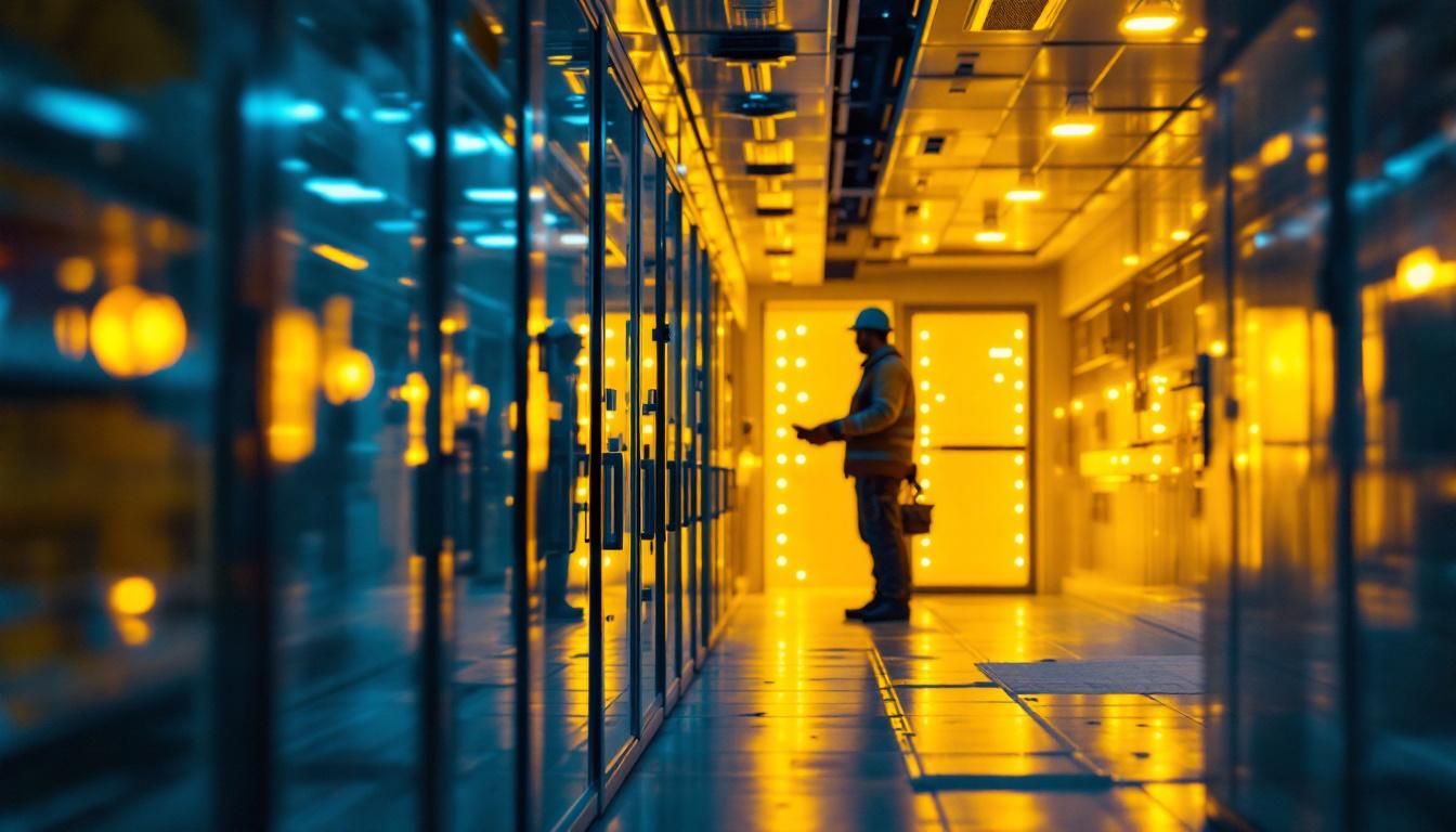 A photograph of a well-lit walk-in freezer showcasing the intricate details of the lighting installation