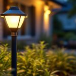 A photograph of a beautifully illuminated solar light post in a front yard setting