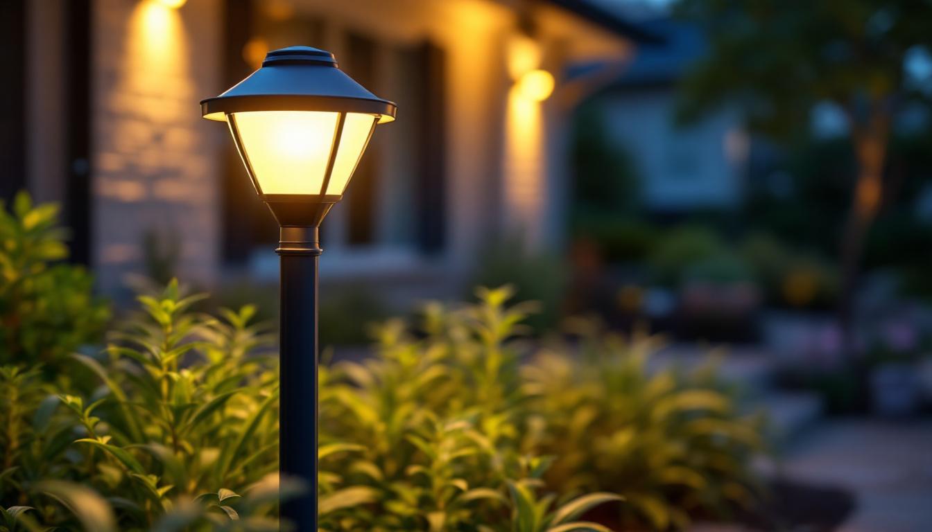 A photograph of a beautifully illuminated solar light post in a front yard setting