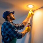 A photograph of a lighting contractor expertly installing a recessed light conversion kit in a modern home setting