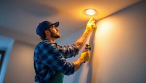 A photograph of a lighting contractor expertly installing a recessed light conversion kit in a modern home setting