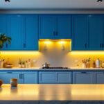 A photograph of a beautifully designed kitchen or living space featuring in-cabinet lighting