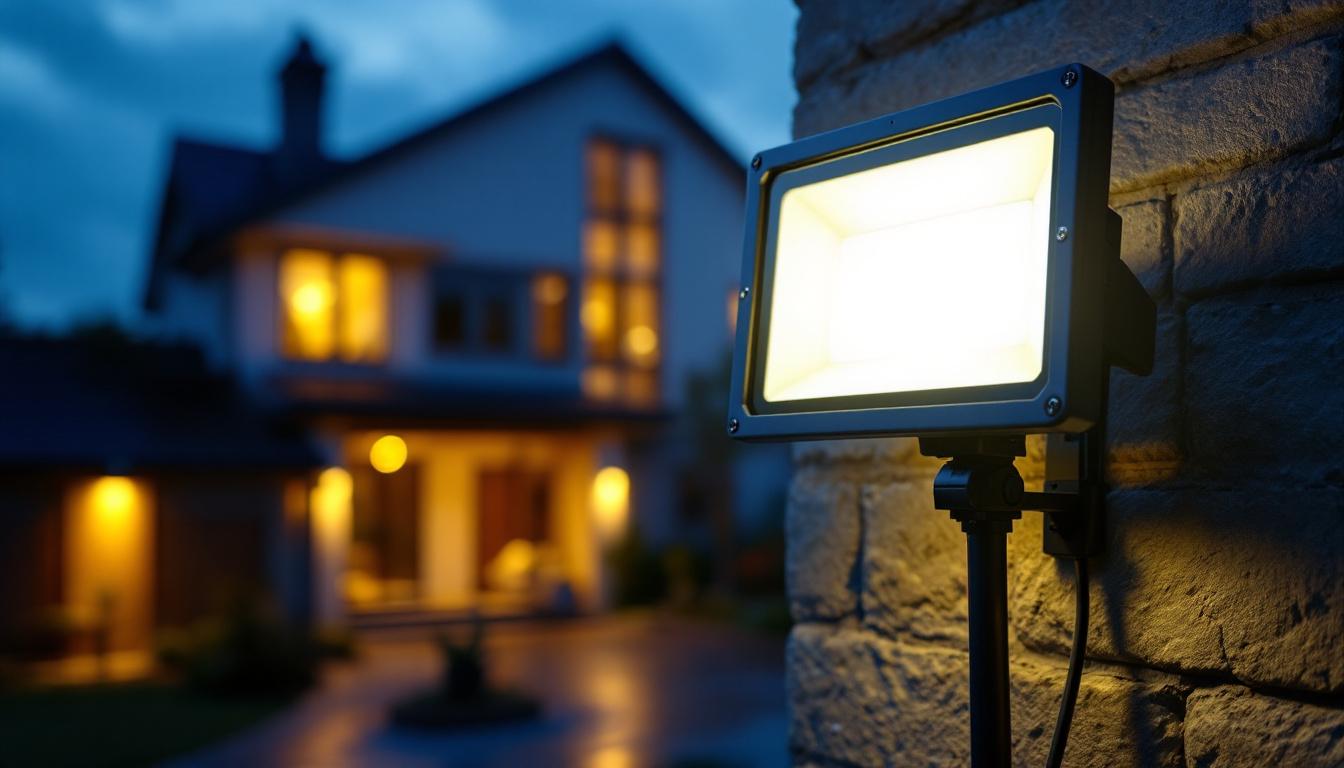 A photograph of a 400w led flood light installed in an outdoor setting