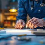 A photograph of a lighting contractor examining energy-efficient lighting solutions in a well-lit workspace