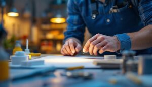 A photograph of a lighting contractor examining energy-efficient lighting solutions in a well-lit workspace