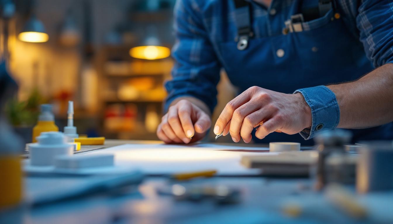 A photograph of a lighting contractor examining energy-efficient lighting solutions in a well-lit workspace