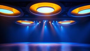 A photograph of capture a photograph of a well-lit stage featuring recessed lighting fixtures in action