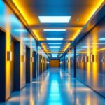 A photograph of a well-lit hallway featuring modern led ceiling lights