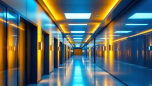 A photograph of a well-lit hallway featuring modern led ceiling lights