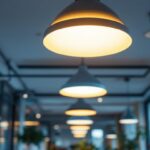 A photograph of a well-lit commercial space featuring stylish discount ceiling fixtures in use