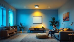 A photograph of a well-lit room showcasing pop-in can lights installed in the ceiling