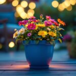A photograph of a beautifully arranged flower pot with integrated lighting