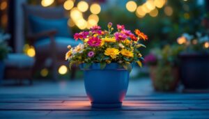 A photograph of a beautifully arranged flower pot with integrated lighting