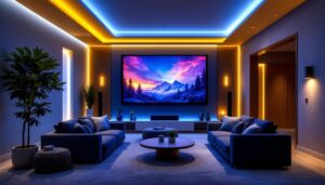 A photograph of a beautifully designed home theatre room showcasing dynamic lighting effects