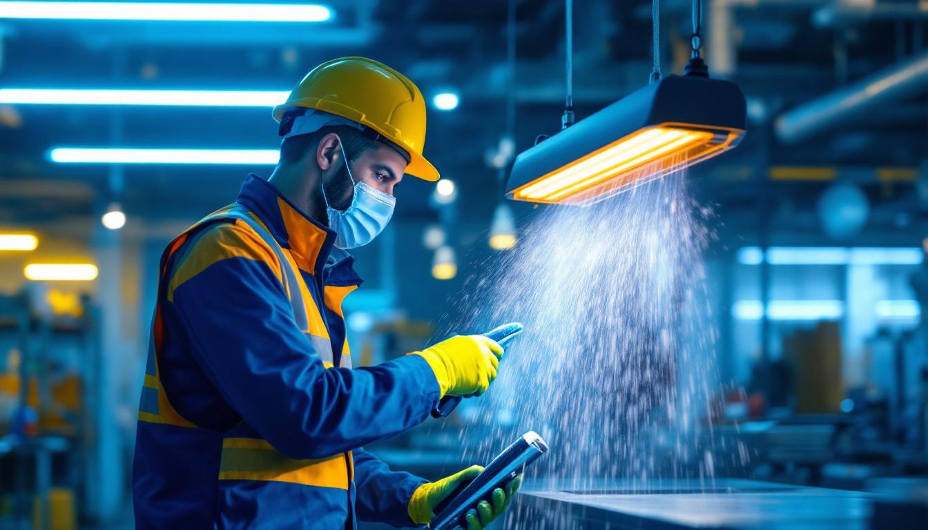 A photograph of a lighting contractor using a uv c light sanitizer in a commercial setting
