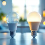 A photograph of a side-by-side comparison of fluorescent and led light bulbs