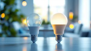 A photograph of a side-by-side comparison of fluorescent and led light bulbs