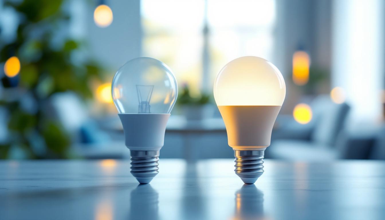 A photograph of a side-by-side comparison of fluorescent and led light bulbs