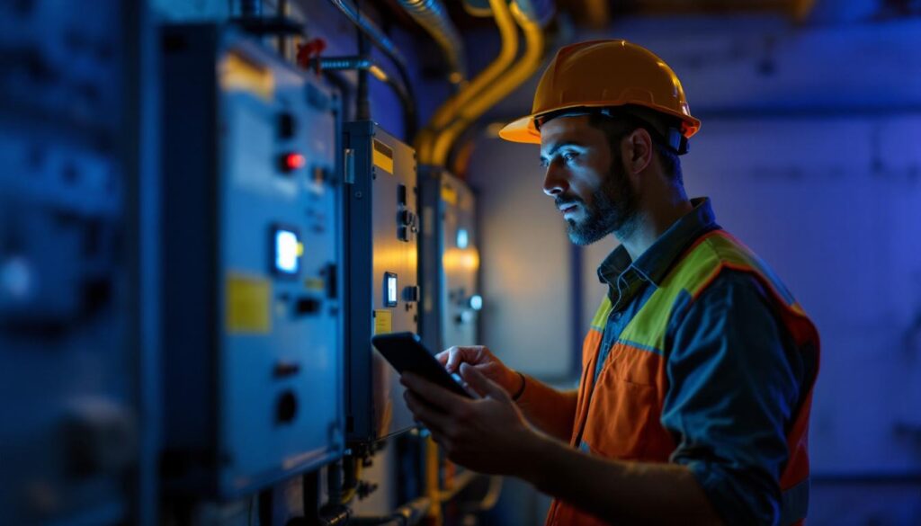 A photograph of a lighting contractor assessing a battery backup power inverter installation in a dimly lit environment