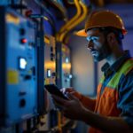 A photograph of a lighting contractor assessing a battery backup power inverter installation in a dimly lit environment