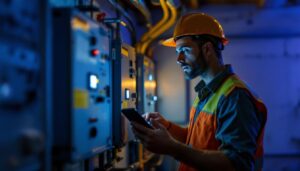 A photograph of a lighting contractor assessing a battery backup power inverter installation in a dimly lit environment