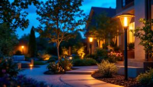 A photograph of a beautifully landscaped outdoor space illuminated by stylish solar outdoor light bulbs at dusk