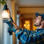 A photograph of a skilled lighting contractor in action