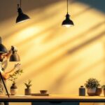 A photograph of a skilled lighting contractor expertly installing various types of stylish lamps in a beautifully lit interior space