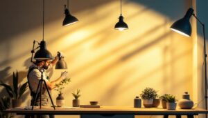 A photograph of a skilled lighting contractor expertly installing various types of stylish lamps in a beautifully lit interior space