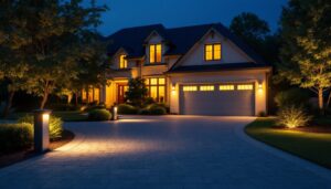 A photograph of a beautifully illuminated driveway at dusk