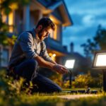 A photograph of a lighting contractor installing solar flood lights in a residential setting