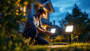 A photograph of a lighting contractor installing solar flood lights in a residential setting